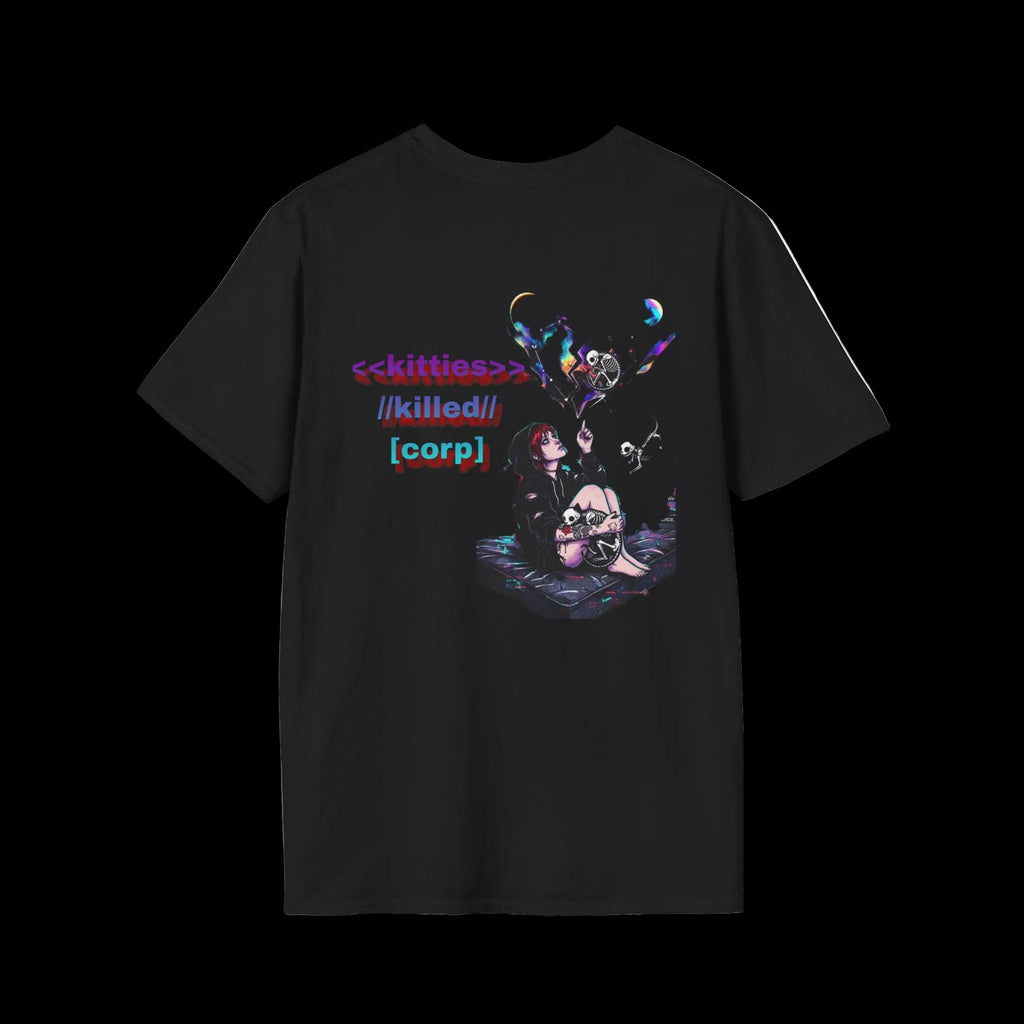 A black short-sleeve t-shirt with a colorful graphic print on the front. The graphic features the text '<kitties> //killed// [corp]' in a stylized neon font above an illustration of a gothic character with a skull and dark fantasy elements.