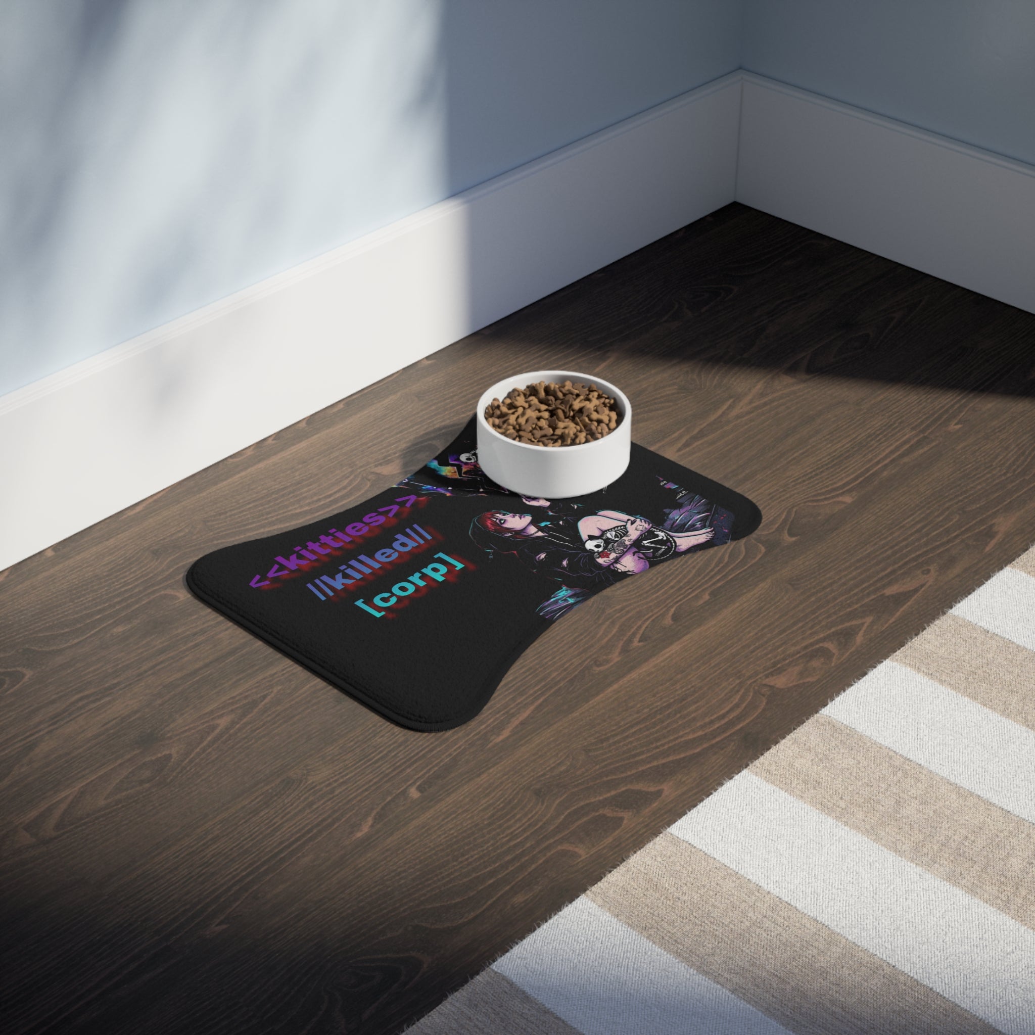 Edgy Cat Aesthetic Pet Feeding Mat — “<<kitties>> //killed// [corp]” Design