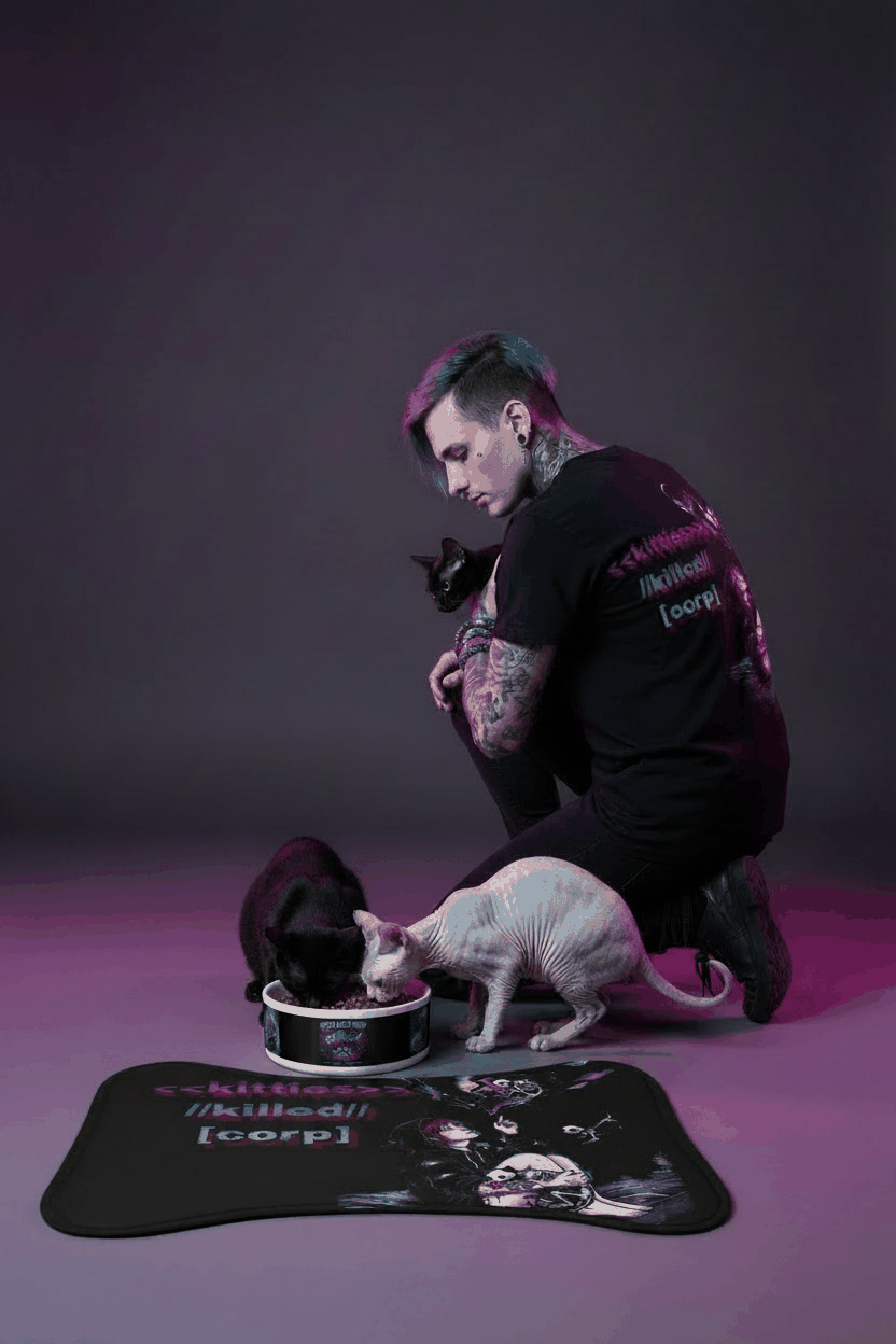 Kittie Killz Lifestyle - Bowl on Mat with Sphinx and Black Cat eating from it Model feeding them with kittie killz shirt 